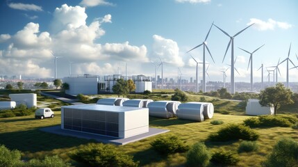 Concept of an energy storage system based on electrolysis of hydrogen in a clean environment with photovoltaics, wind farms and a city in the background. 3d rendering.