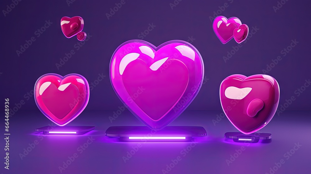 Aufkleber 3d heart icon for social media and speech bubble from different angles. concept of online application notifications. illustration isolated on purple background. 3d rendering