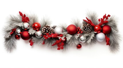Wide arch shaped Christmas border isolated on white, composed of fresh fir branches and ornaments in red and silver