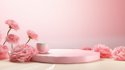 Obraz na płótnie Canvas Background for cosmetic product branding, identity and packaging inspiration. Podium with pink carnations and pink circular geometry background. 3d rendering illustration.