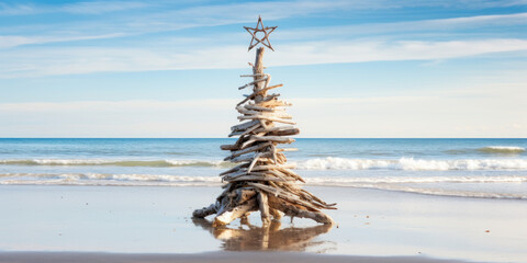 Christmas tree made of driftwood on a beach