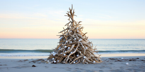 Christmas tree made of driftwood on a beach