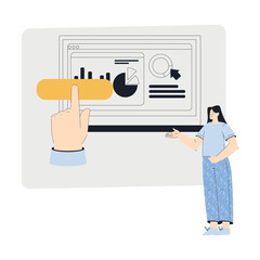 Business with Young Woman Character Standing at Web Interface Vector Illustration
