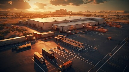 Aerial view of warehouse storages or industrial factory or logistics center from above. Aerial view of industrial buildings and equipment machines at sunset, toned