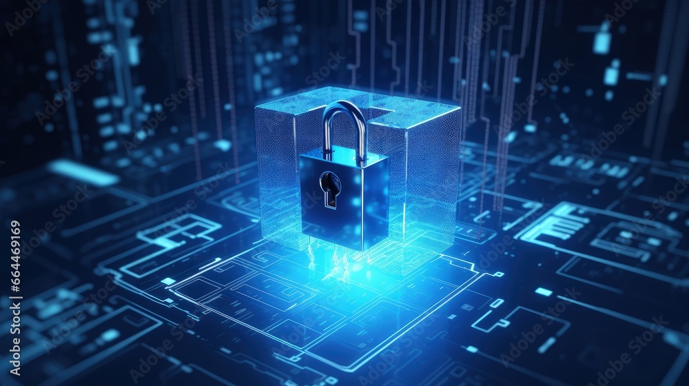 Fototapete Padlock of Cyber Security Digital Data, Digital Data Network Protection, Global Network 5g High-Speed Internet Connection and Big Data Analysis Future Background Concept. 3d rendering