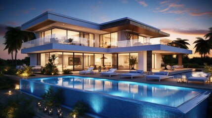 Fototapeta premium 3D rendering of a villa with pool in the evening