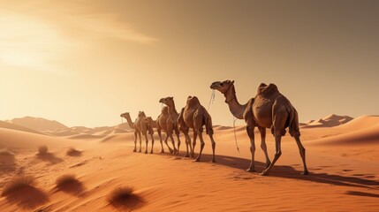 Group Of Camels walking in liwa desert in Abu Dhabi UAE - obrazy, fototapety, plakaty