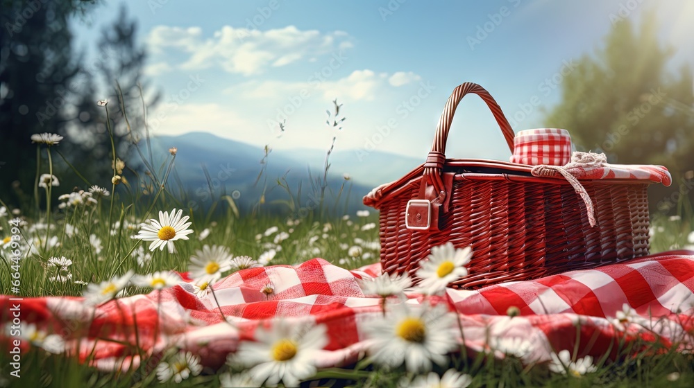 Poster red picnic cloth. red checked picnic blanket with a empty basket on a meadow with daisies in bloom. 