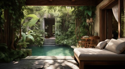 Fototapeta premium Small private swimming pool in Bali house. Green tropical plants around, wooden sofa. Villa in Jungle.