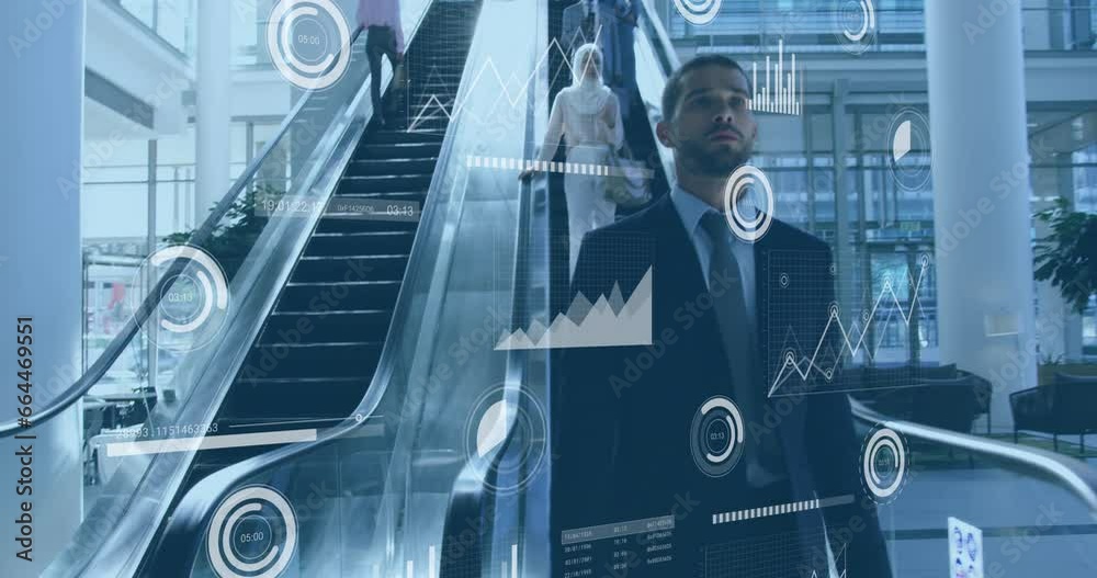 Poster animation of graphs, loading bars and circles over caucasian man getting down using escalator
