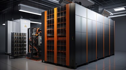 Image of a battery energy storage system consisting of several lithium battery modules placed side by side. This system is used to store renewable energy and then use it when needed. - obrazy, fototapety, plakaty