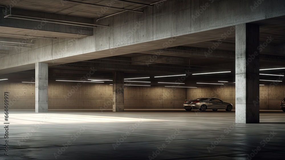 Poster 3d render of concrete architecture with car park, empty cement floor.