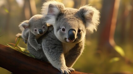 Obraz premium Koala, phascolarctos cinereus, Female carrying Young on its Back
