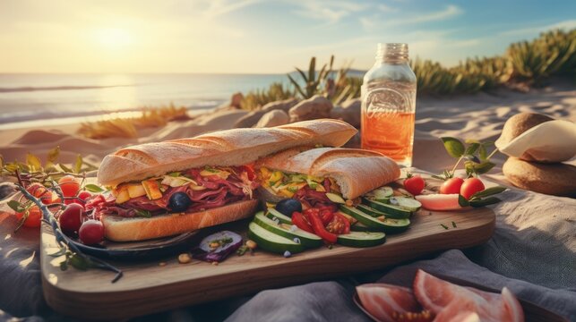 Beautiful summer picnic on the beach at sunset in boho style. Organic fresh ciabatta sandwich on wooden with natural lemonade on linen blanket. Vegetarian eco idea for weekend picnic.