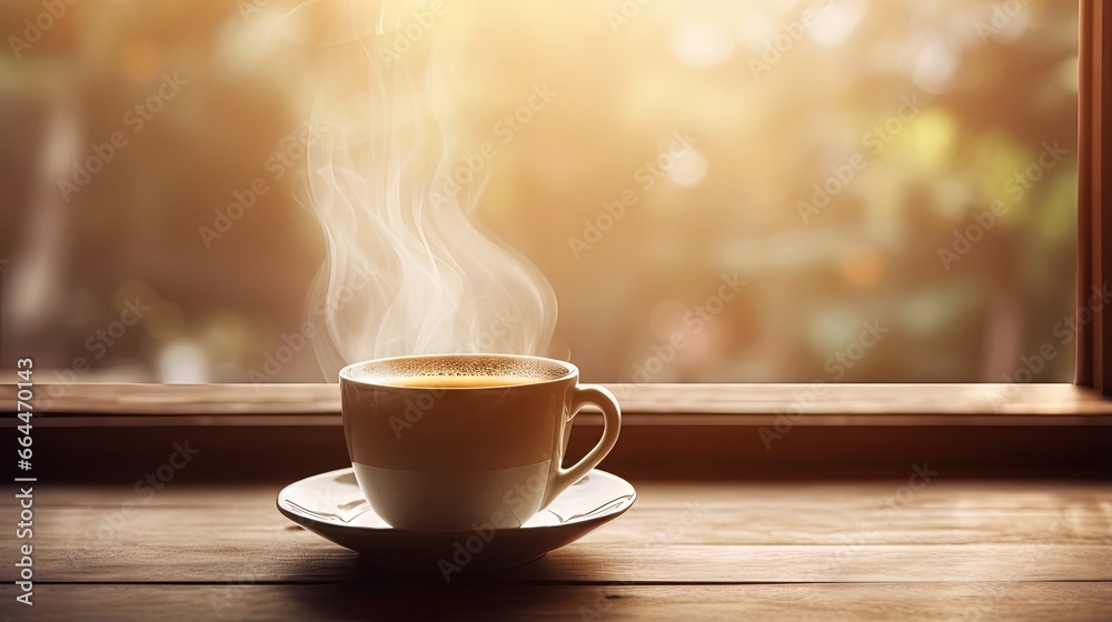Poster top view a cup of hot coffee with steaming above the cup setting on wooden table under morning light