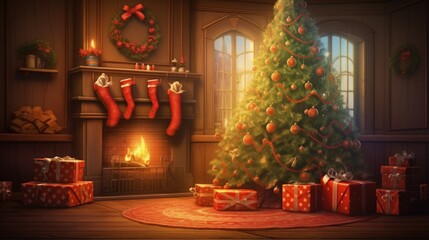Obraz na płótnie Canvas Decorated Christmas room with beautiful fir tree