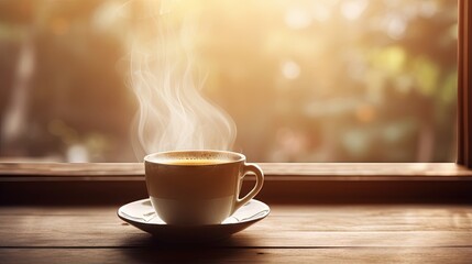 Obraz premium Top view a cup of hot coffee with steaming above the cup setting on wooden table under morning light near the window, coffee background with copy space relaxing moment concept.