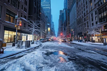  Incredible winter in New York city under bright sunny light in frosty morning. Snowy roads. © lelechka