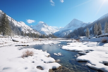 Incredible winter landscape with snowcapped pine trees under bright sunny light in frosty morning. Amazing nature scenery in winter mountain valley. Awesome natural Background. Soft light effect