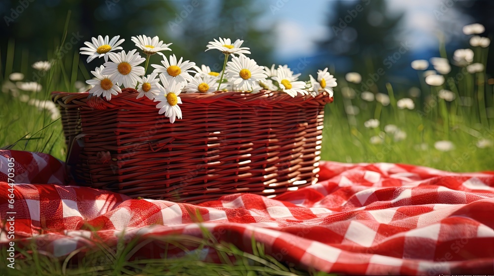 Poster Red picnic cloth. Red checked picnic blanket with a empty basket on a meadow with daisies in bloom. Beautiful backdrop for your product placement or montage.