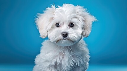 lap dog on a blue background. curly dog in photo studio. Maltese, poodle, maltipoo