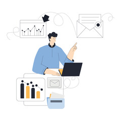 Business with Young Man Character at Laptop View Document and Chart Vector Illustration