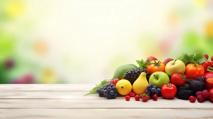 Tuinposter Shopping in food store. Healthy food background. Different fruits and vegetables on white wooden table background. Copy space. Supermarket background. © HN Works