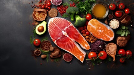 Healthy nutrition concept. Balanced healthy diet food. Meat, fish, vegetables, fruit, beans, dairy products. Top view. Cooking raw ingredients. Organic food. Clear eating. Healthy food idea. Overhead