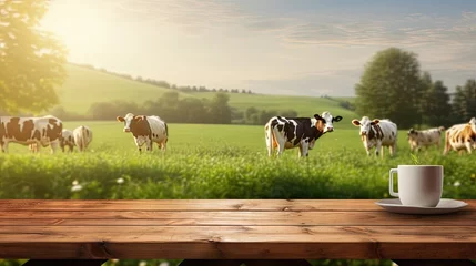 Fotobehang Empty wooden table top with blur green meadow, cows, morning light background. © HN Works