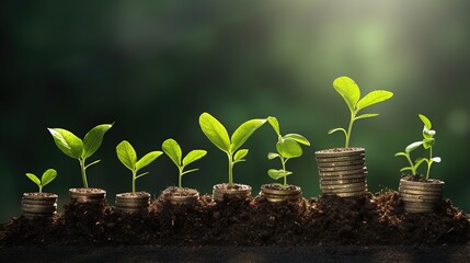 Growing money,finance and investment. Seedling are growing with business arrow of growth.Young plants on coin stacks increase. Concept of business growth,profit, development and success. - obrazy, fototapety, plakaty