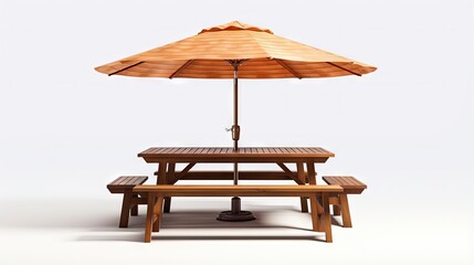 Wooden picnic table with benches and sun shade umbrella, one piece wood furniture for outdoor dining isolated on white background 3d rendering - obrazy, fototapety, plakaty