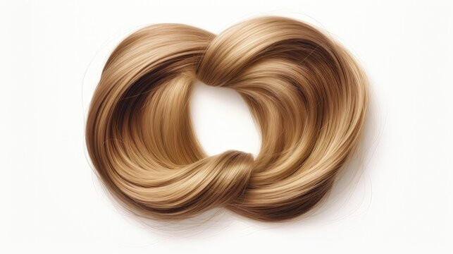 Beautiful strand of dark blonde hair tied in knot on white background, top view