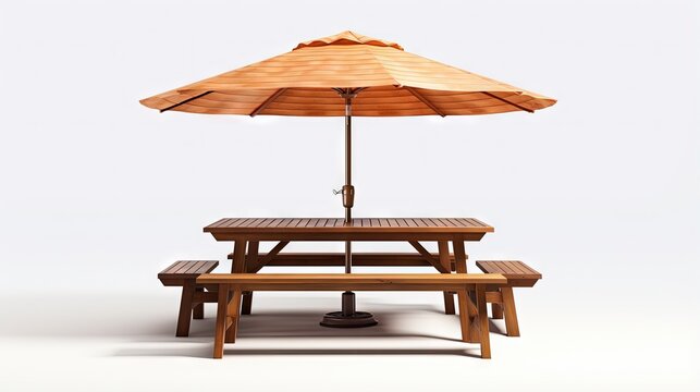 Wooden picnic table with benches and sun shade umbrella, one piece wood furniture for outdoor dining isolated on white background 3d rendering