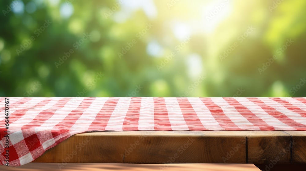 Poster Empty wooden desk table with red checkered tablecloth over abstract bright light green spring or summer background. Template for your food and product display montage.