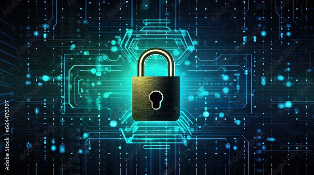 Poster Padlock icon on hi-tech or binary code background. Data protection privacy concept. Cyber Data. Cyber security internet and networking.