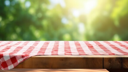 Empty wooden desk table with red checkered tablecloth over abstract bright light green spring or summer background. Template for your food and product display montage.
