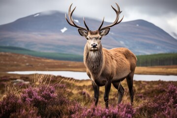 Wildlife male red deer with antlers grazing on green grass in a beautiful field with mountains on background