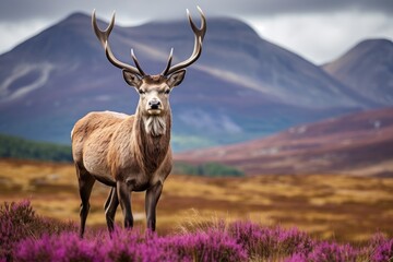 Red stag standing on a hilltop overlooking a beautiful summer landscape