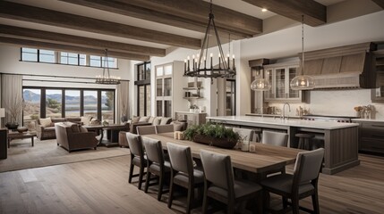 Fototapeta na wymiar Stunning Dining room and Kitchen in New Luxury Home. Wood beams and elegant pendant lights accent the beautiful open floor plan, dining room, and kitchen.