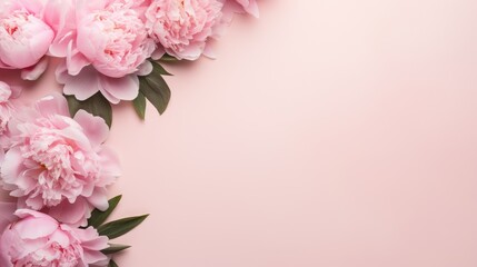 Fototapeta na wymiar Beautiful pink peonies on a pastel background top view copy space