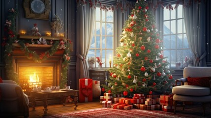 Fototapeta na wymiar Decorated Christmas room with beautiful fir tree