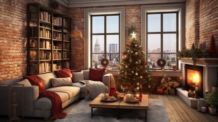 Fototapeta premium Living room with Christmas decorations. Festive interior design