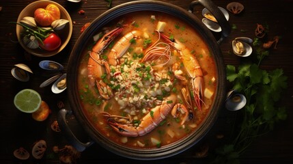 Traditional Creole cajun court bouillon with fish and seafood gumbo chowder stew as top view in a pot with copy space right