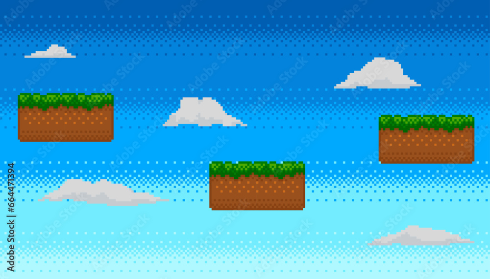 Wall mural pixel art game background. picturesque landscape with floating platforms and clouds in the sky. plat