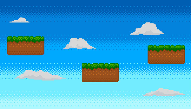 Pixel art game background. Picturesque landscape with floating platforms and clouds in the sky. Platformer 8 bit. Vector illustration.