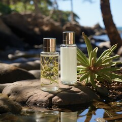 Perfume, cologne or lotion glass bottles displayed on rock next to beach with trees and foliage