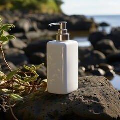 Soap or lotion pump bottle displayed on mossy rock near beach with foliage