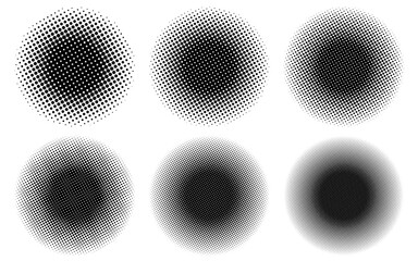 Collection circle gradient halftone dotted isolated background. Dots texture element template. Texture overlay grunge distress linear. Black and white duotone faded effect layout. Vector illustration