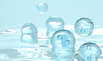 Molecule inside Liquid Bubble on water background. Cosmetic spa medical skin care, 3d illustration