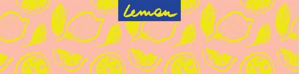 Vector color lemon seamless pattern. Citrus fruit backdrop on pink background. Hand drawn lemons illustration. Cosmetic label template with lemon emblem green leaves. Botanical fabric pattern.